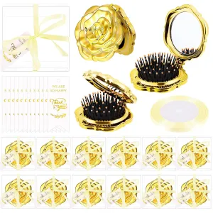 12 Set Rose Compact Mirrors Brush Bulk Quinceanera Wedding Party Favors for Guests Including Rose Pocket Mirror Brush Thank You Tags Clear Boxes with Ribbons for Bridal Shower Guests Souvenir Gift