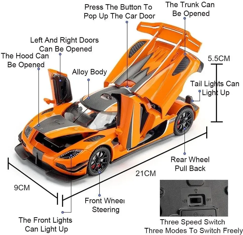 1:24 for Miniature Cars Alloy Diecast Models Pull Back Vehicles 4 Doors Opened Sports Car Toddler for Kids Present(Orange)