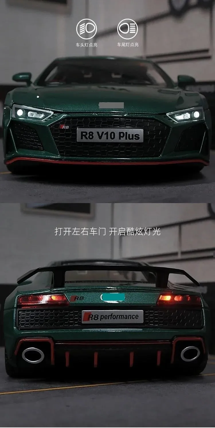 1:24 for R8 V10 Plus Sports Car Model Simulation Alloy Super Toy Car Kids Boy Present Collection Miniature Car Pull Back(Green)