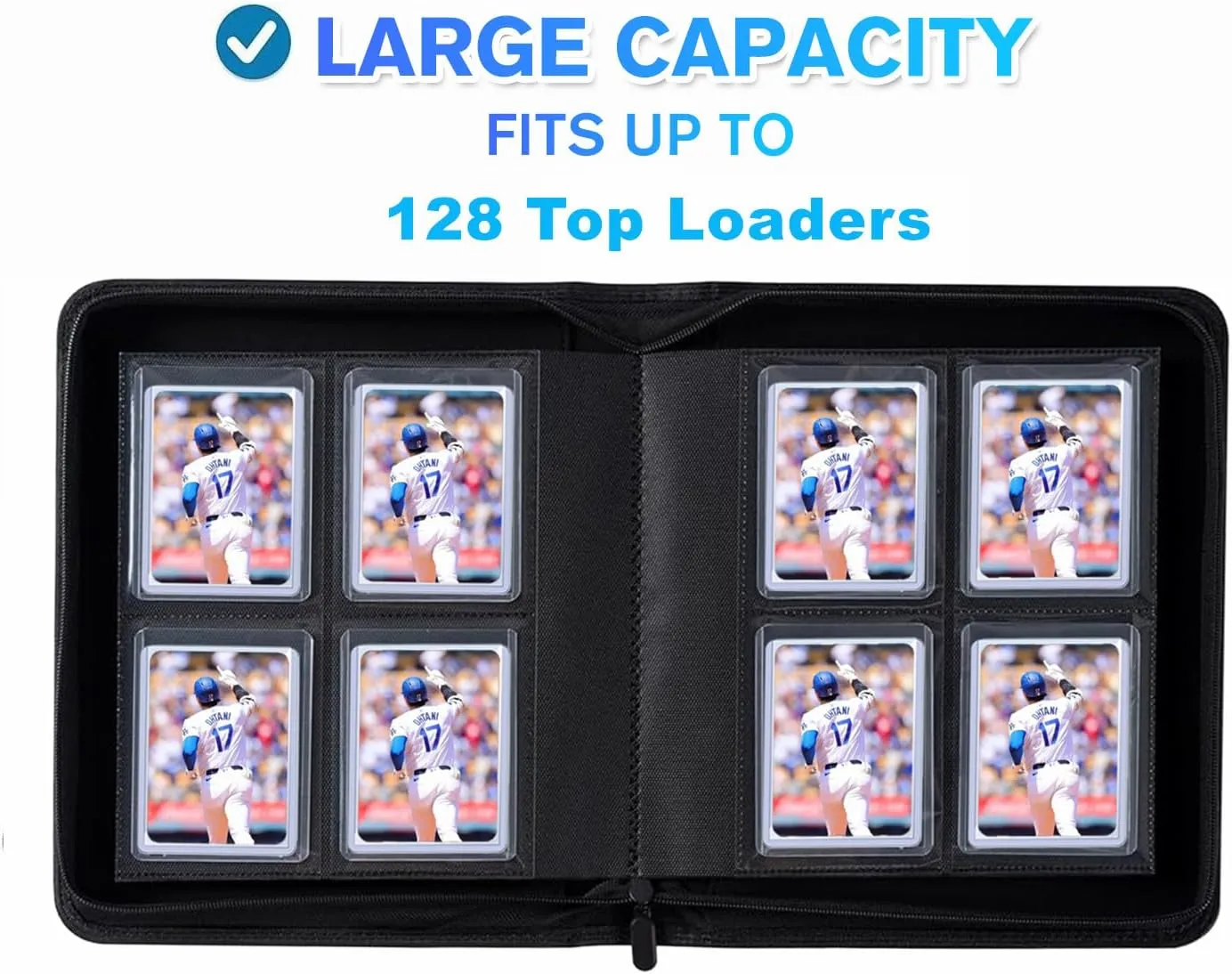 128Pockets Toploader Binder Holds Top Loaders, 4-Pocket Top Loaders Binder Album, Toploader Card Binder for 3" x 4" Rigid Card Holders, Ringless Toploader Storage Folder (Blue)