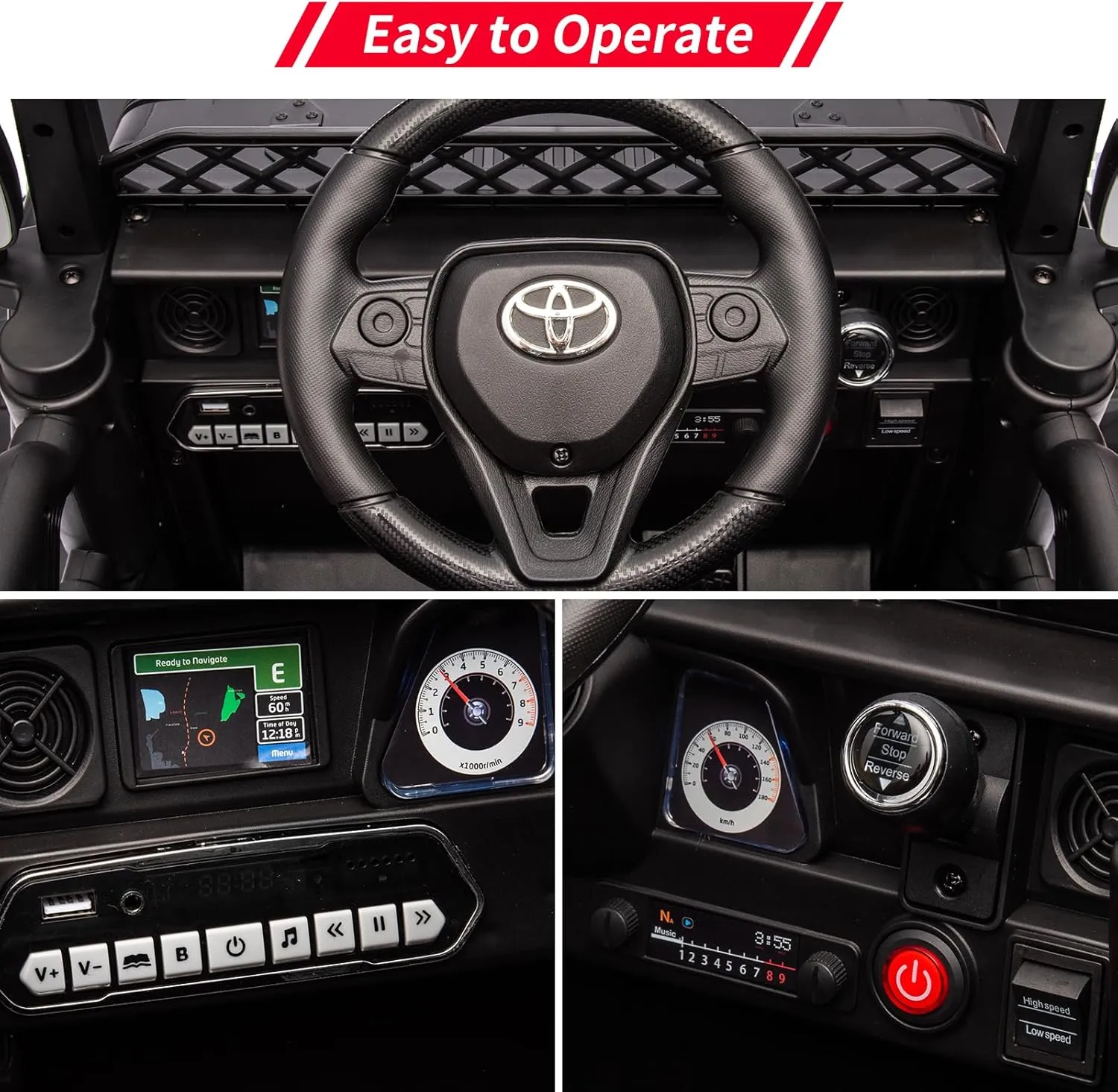 12V Battery Powered Electric Car，Licensed Toyota 12V Ride-On Truck for Kids with Remote Control, Music, LED Lights, Suspension System, Double Doors, Safety Belt for Toddlers-Black