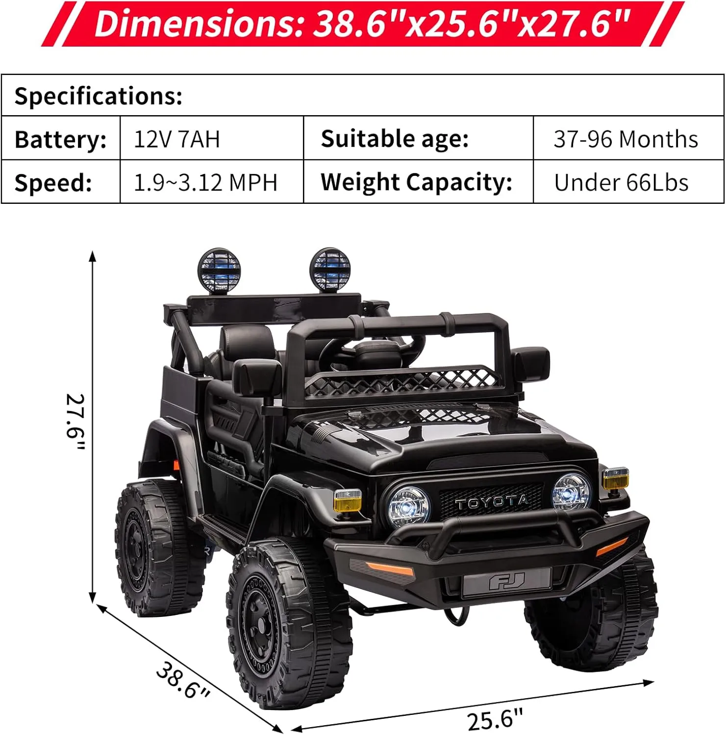 12V Battery Powered Electric Car，Licensed Toyota 12V Ride-On Truck for Kids with Remote Control, Music, LED Lights, Suspension System, Double Doors, Safety Belt for Toddlers-Black