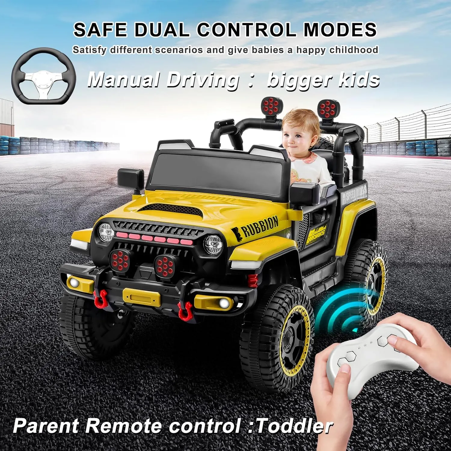 12V Electric Ride-On Truck for Kids: Ride on Jeep with Parental Remote Control,Openable Doors, Music & MP3 Connectivity - Safe & Durable Electric VehicleToy for Girls Boys(Yellow)