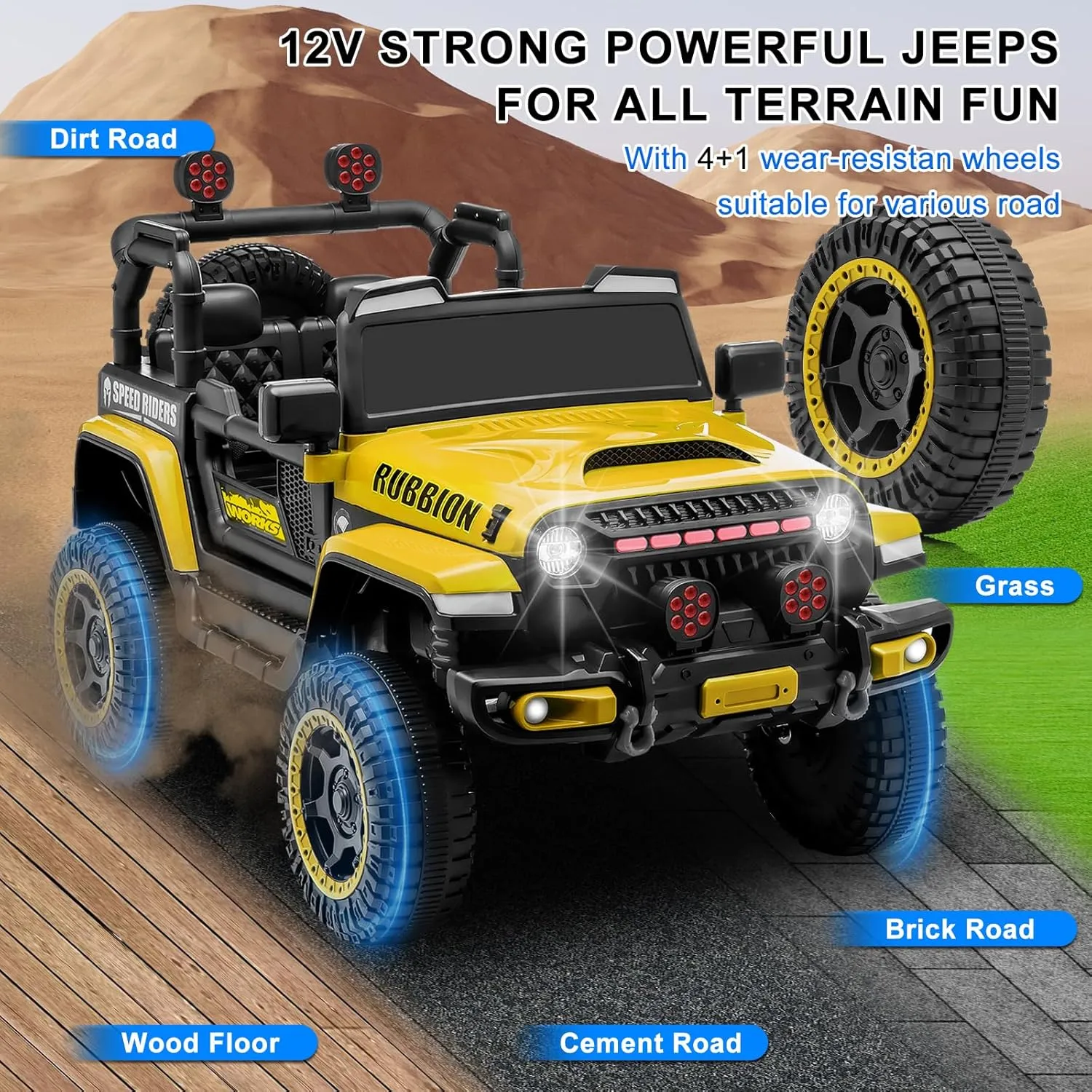 12V Electric Ride-On Truck for Kids: Ride on Jeep with Parental Remote Control,Openable Doors, Music & MP3 Connectivity - Safe & Durable Electric VehicleToy for Girls Boys(Yellow)