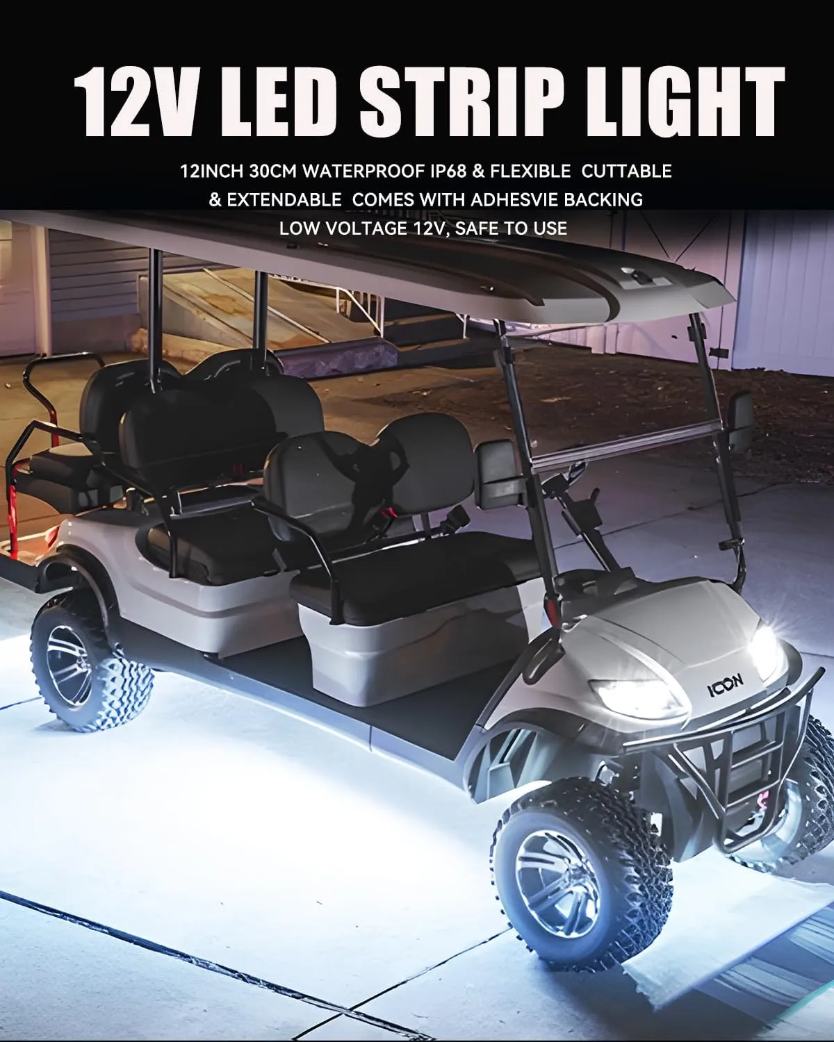 12V Led Light Strip 24" Connectable White Led Strip Lights for Cars Golf Cart Motorcycle Boat Trucks Waterproof Interior& Exterior, 4Pack
