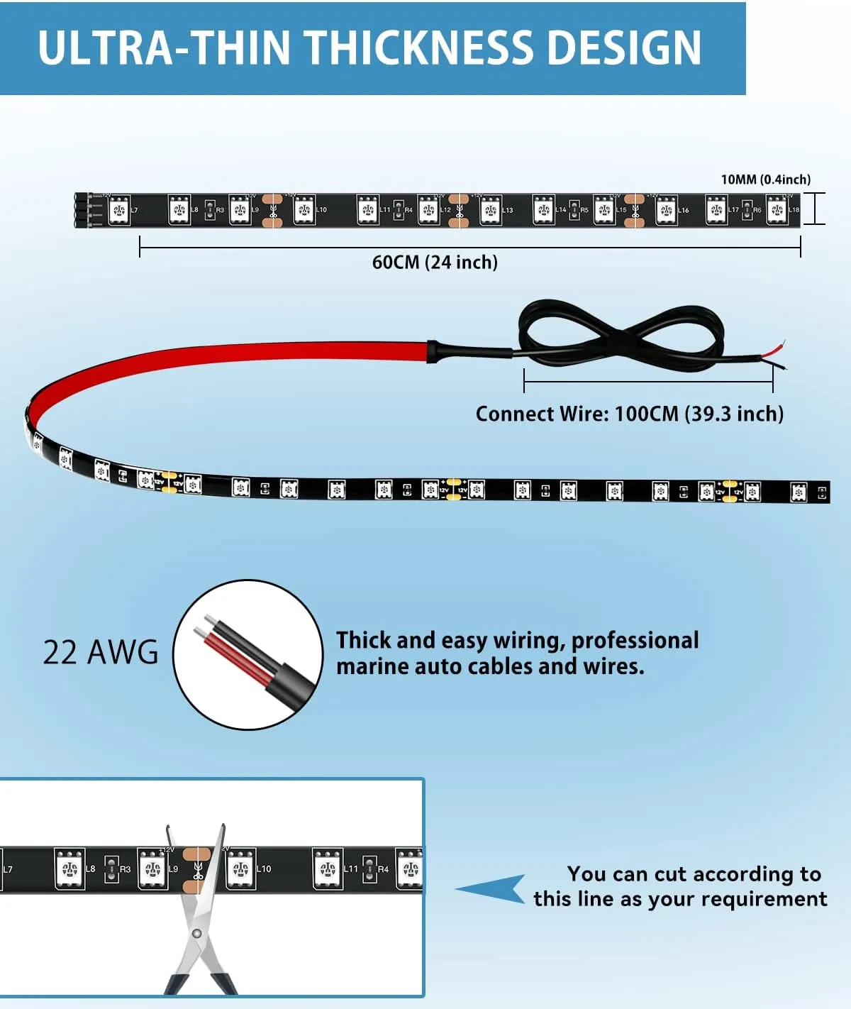 12V Led Light Strip 24" Connectable White Led Strip Lights for Cars Golf Cart Motorcycle Boat Trucks Waterproof Interior& Exterior, 4Pack