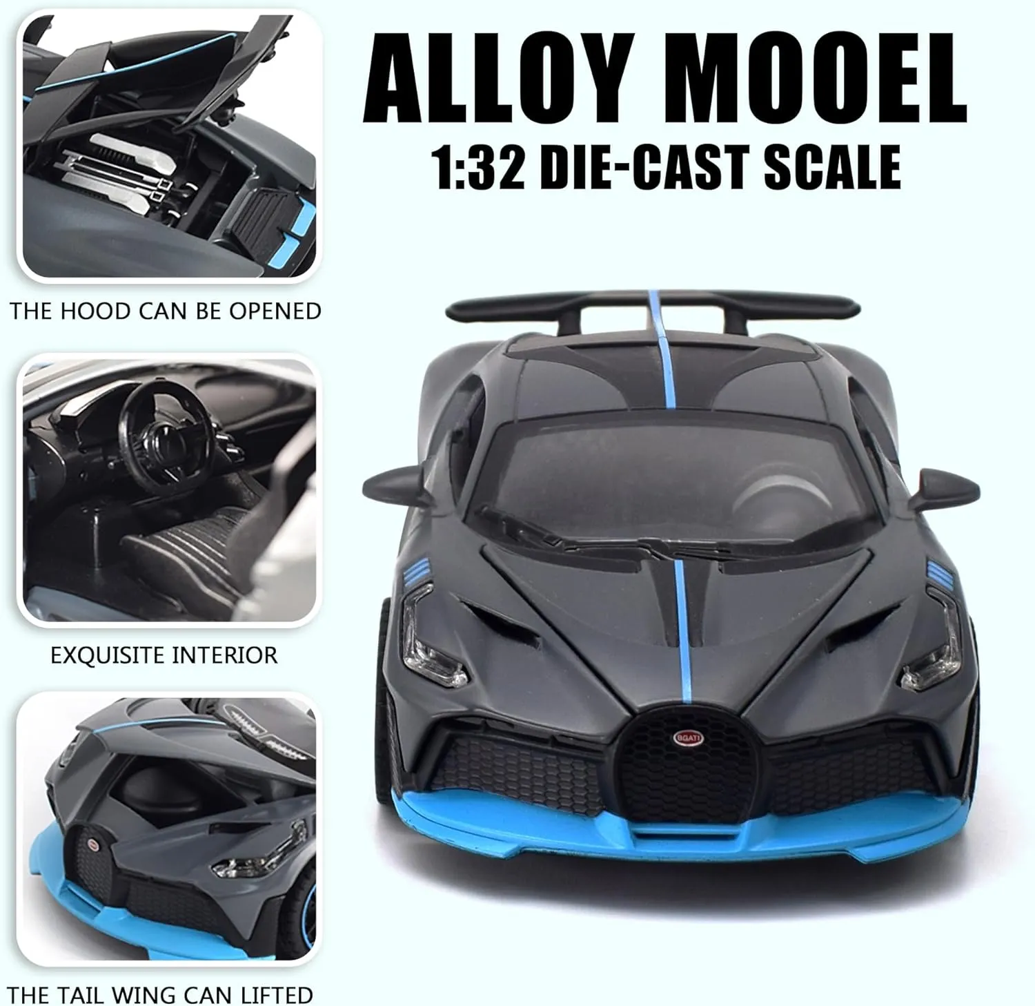 1:32 Bugatti Toy Car Divo Metal Model Diecast Cars with Light and Sound Pull Back Toy Cars for Boys Kids Gift (Divo-Grey)