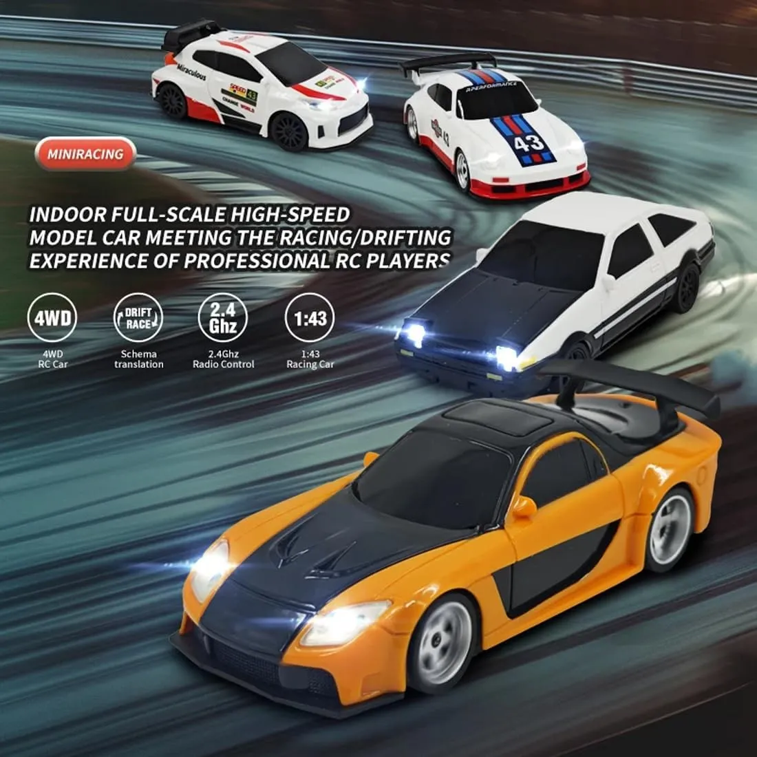 1/43 Scale Mini RC Drift Car, 2.4G Full Proportional Electric Racing Drift Car Model with Lights, 15KM/H Speed Remote Control Vehicle Toy Gift for Hobbyists & Adult