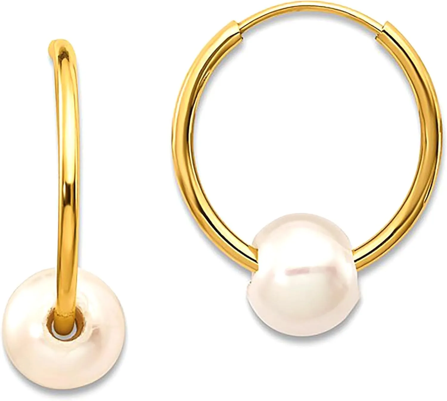 14k Real Yellow Gold 5.5 mm White Round Freshwater Cultured Pearl Endless Hoop Earrings