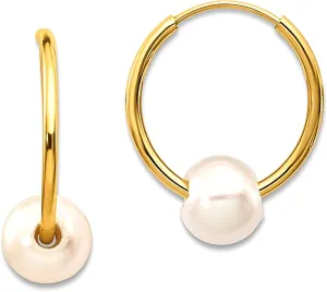 14k Real Yellow Gold 5.5 mm White Round Freshwater Cultured Pearl Endless Hoop Earrings