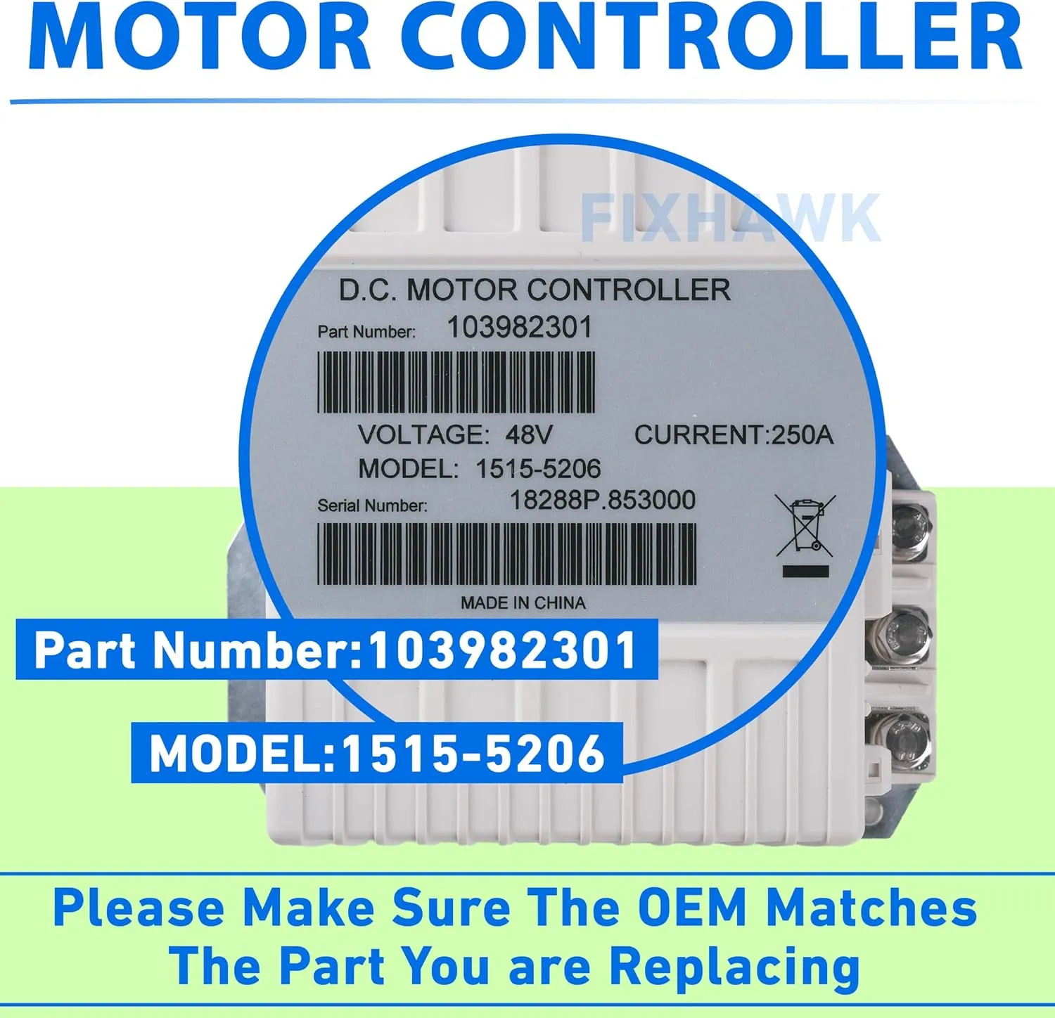 1515-5206 /1515-5201 /1510A-5201/1510A-5251，48V 250A DC Motor Speed Controller for Curtis Club Car Golf Cart,Part Number #103982301,103403401,103403402，102806201、101956501