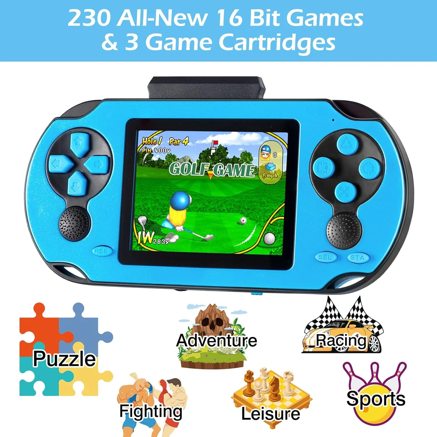 16 Bit Handheld Game for Kids Adults, 3.0'' Large Screen Preloaded 230 HD Classic Retro Video Games with USB Rechargeable Battery & 3 Game Cartridges for Birthday Gift for Kids 4-12 (Blue)