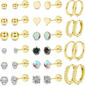 16 Pairs Surgical Steel Flat Back Earrings Set for Multiple Piercing Sensitive Ears Cartilage Hypoallergenic Earrings Small Huggie Hoop Earrings CZ Ball Stainless Steel Stud Earrings for Women Men