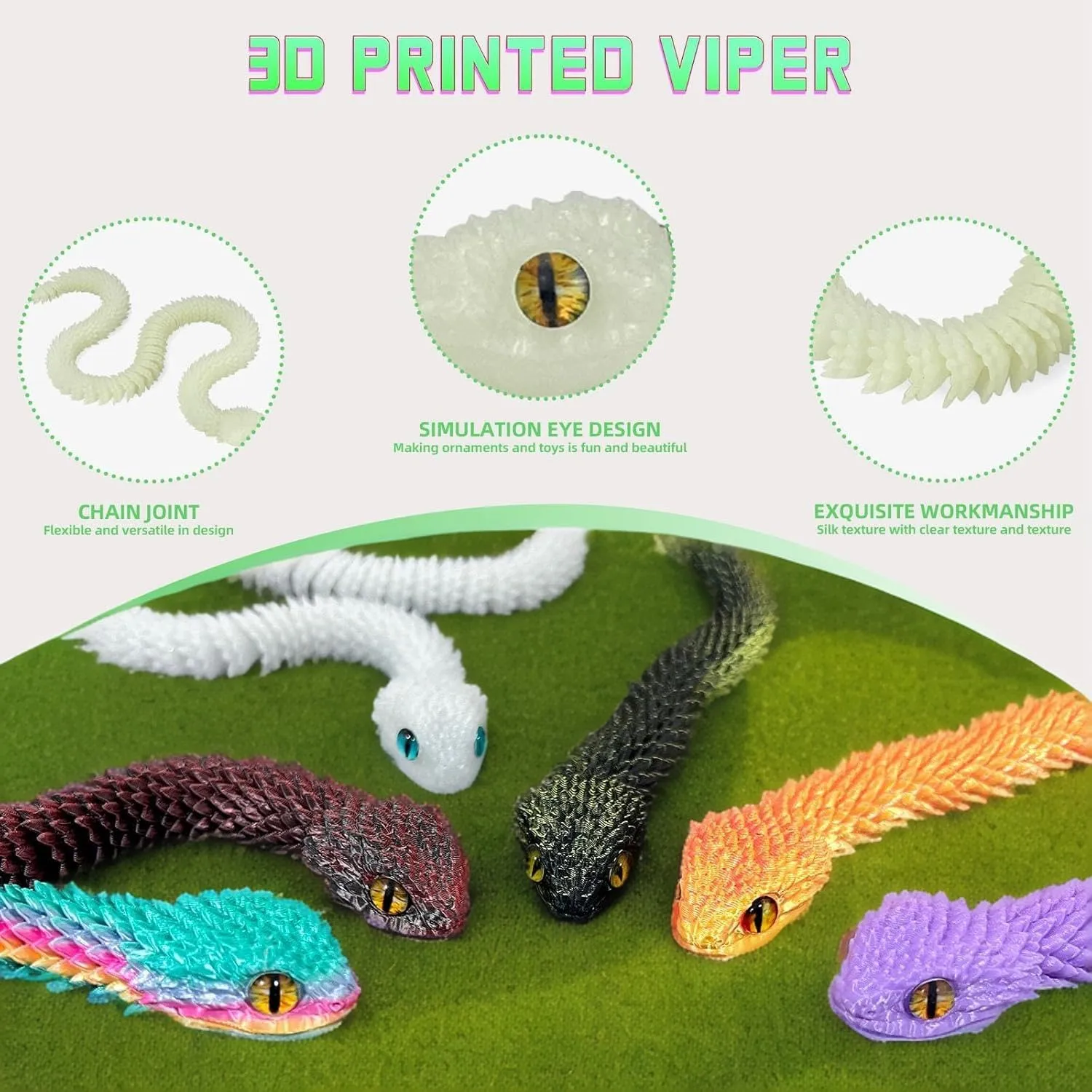 16 PCS 3D Printed Articulated Snakes, 12'' Movable Joint Fidget Viper Animal Model, Creative Ornaments Toys for Easter Home Office Tabletop Decor
