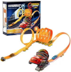 16.4 feet Flexible Race Track Set – 2 Pull-Back Cars, & Ramp Victory Jump, Compatible with Hot Wheels Tracks & 1/64 Scale Diecast Cars – Portable Car Race Track for Kids