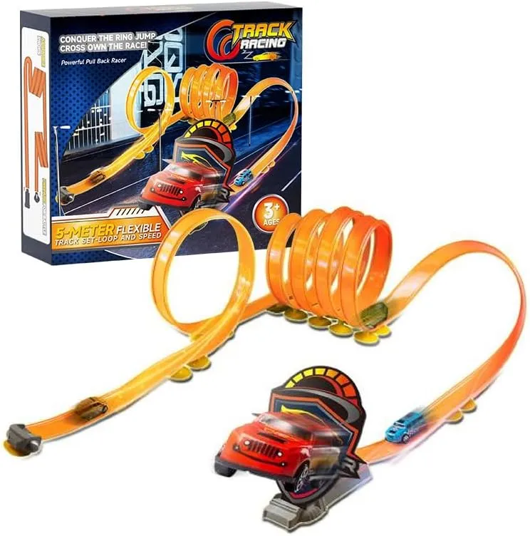 16.4 feet Flexible Race Track Set – 2 Pull-Back Cars, & Ramp Victory Jump, Compatible with Hot Wheels Tracks & 1/64 Scale Diecast Cars – Portable Car Race Track for Kids