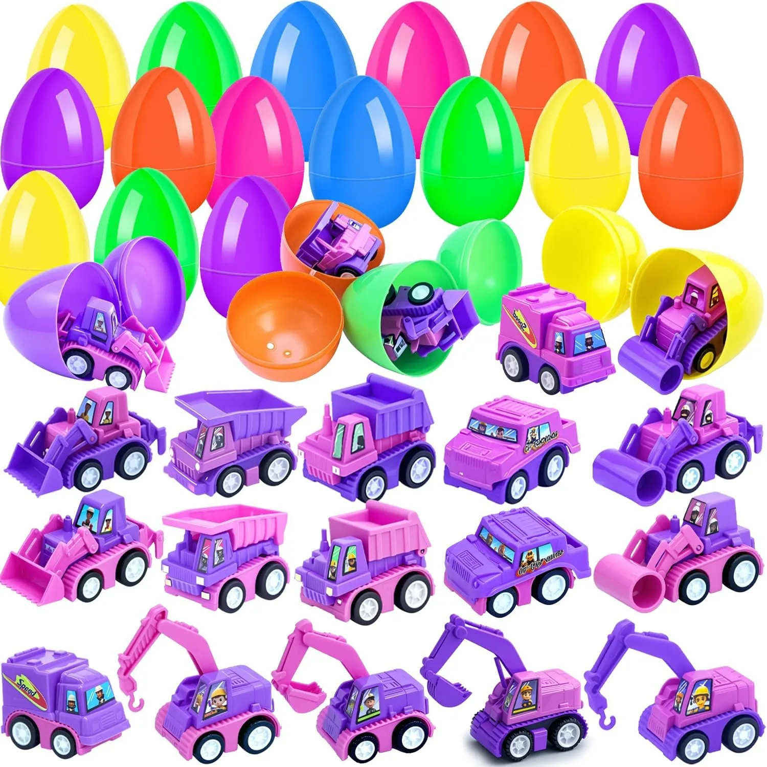 16PCS Prefilled Easter Eggs with Pink Pullback Construction Truck Toys Purple Engineering Vehicles Trucks for 3 4 5 6 7 8 Years Old Kids Girls Basket