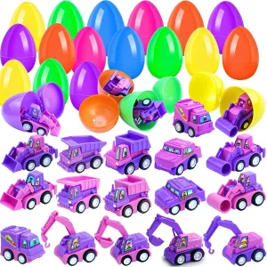 16PCS Prefilled Easter Eggs with Pink Pullback Construction Truck Toys Purple Engineering Vehicles Trucks for 3 4 5 6 7 8 Years Old Kids Girls Basket