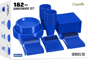 182 Pcs Dark Blue Plastic Plates For Party, Dark Blue Disposable Plates Set, 26 Of Each 9" Dinner Plate Set, 7" Dessert Plate, Cups, Napkins & Cutlery Plastic Dinnerware Exquisite