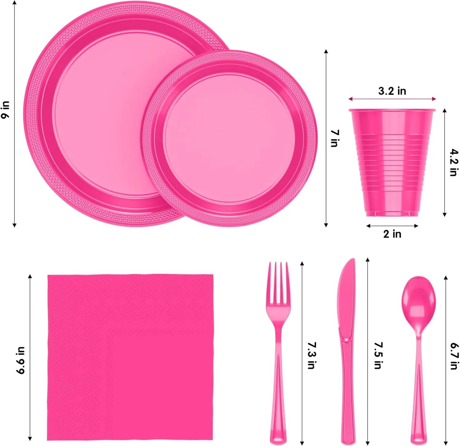 182 Pcs Hot Pink Plastic Plates For Party, Hot Pink Disposable Plates Set, 26 Of Each 9" Dinner Plate Set, 7" Dessert Plate, Cups, Napkins & Cutlery Plastic Dinnerware Exquisite