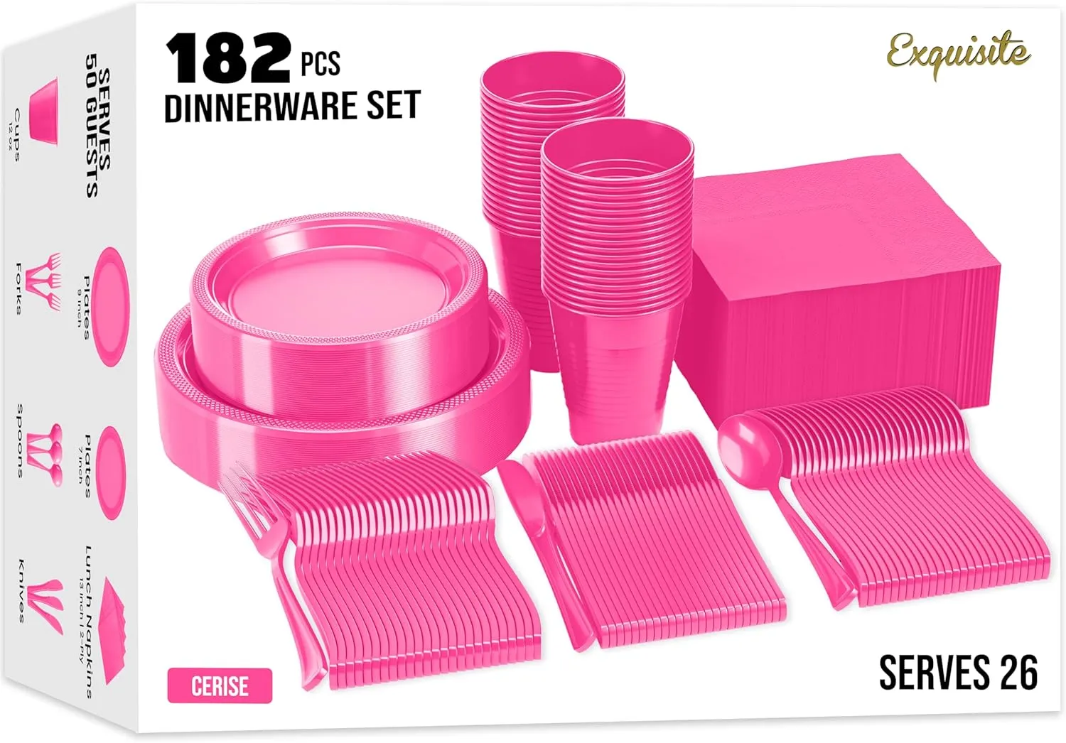 182 Pcs Hot Pink Plastic Plates For Party, Hot Pink Disposable Plates Set, 26 Of Each 9" Dinner Plate Set, 7" Dessert Plate, Cups, Napkins & Cutlery Plastic Dinnerware Exquisite