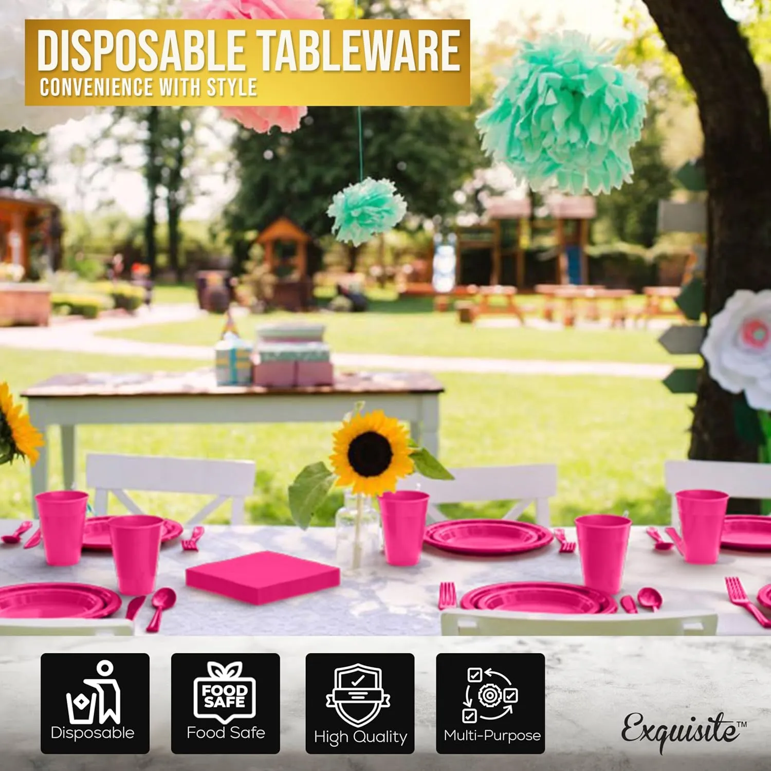 182 Pcs Hot Pink Plastic Plates For Party, Hot Pink Disposable Plates Set, 26 Of Each 9" Dinner Plate Set, 7" Dessert Plate, Cups, Napkins & Cutlery Plastic Dinnerware Exquisite