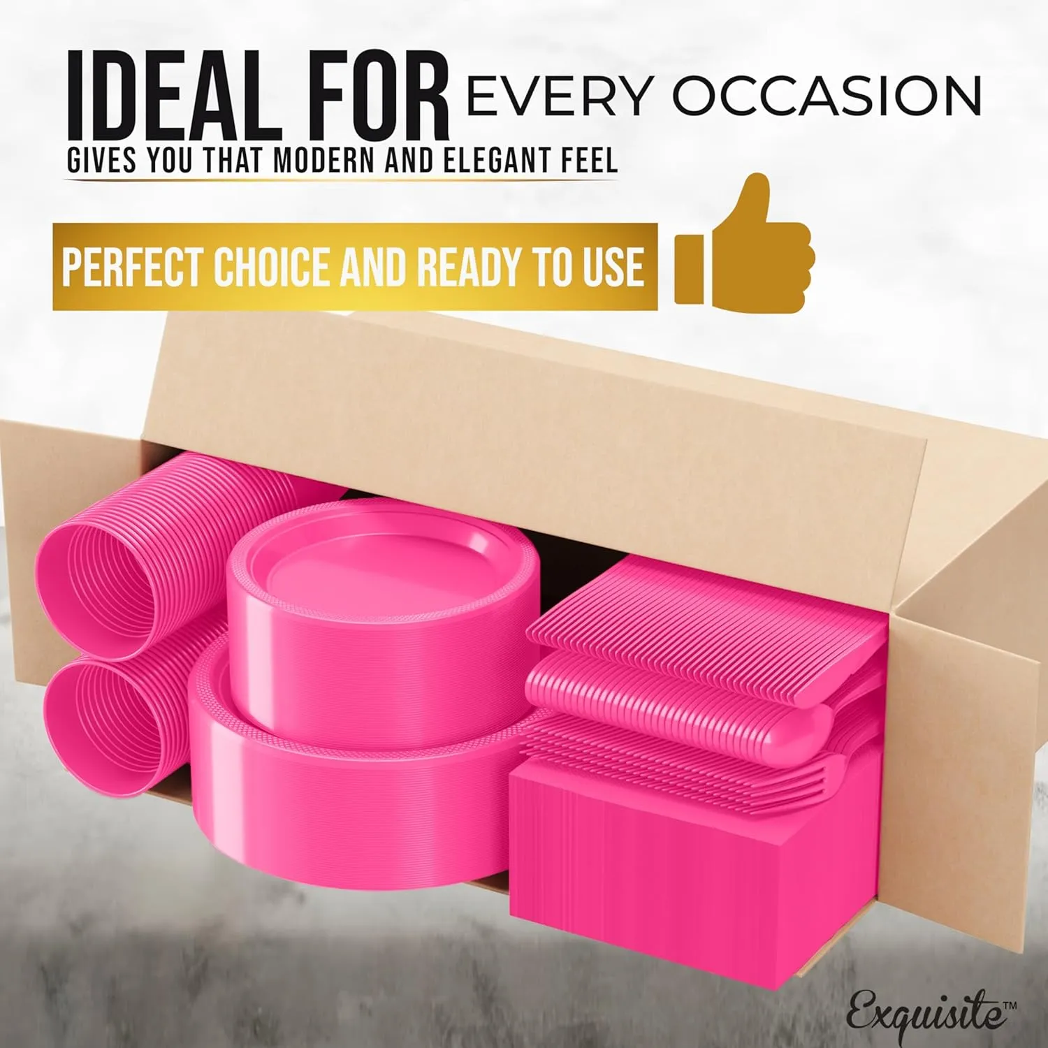 182 Pcs Hot Pink Plastic Plates For Party, Hot Pink Disposable Plates Set, 26 Of Each 9" Dinner Plate Set, 7" Dessert Plate, Cups, Napkins & Cutlery Plastic Dinnerware Exquisite