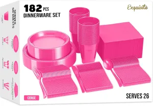182 Pcs Hot Pink Plastic Plates For Party, Hot Pink Disposable Plates Set, 26 Of Each 9" Dinner Plate Set, 7" Dessert Plate, Cups, Napkins & Cutlery Plastic Dinnerware Exquisite