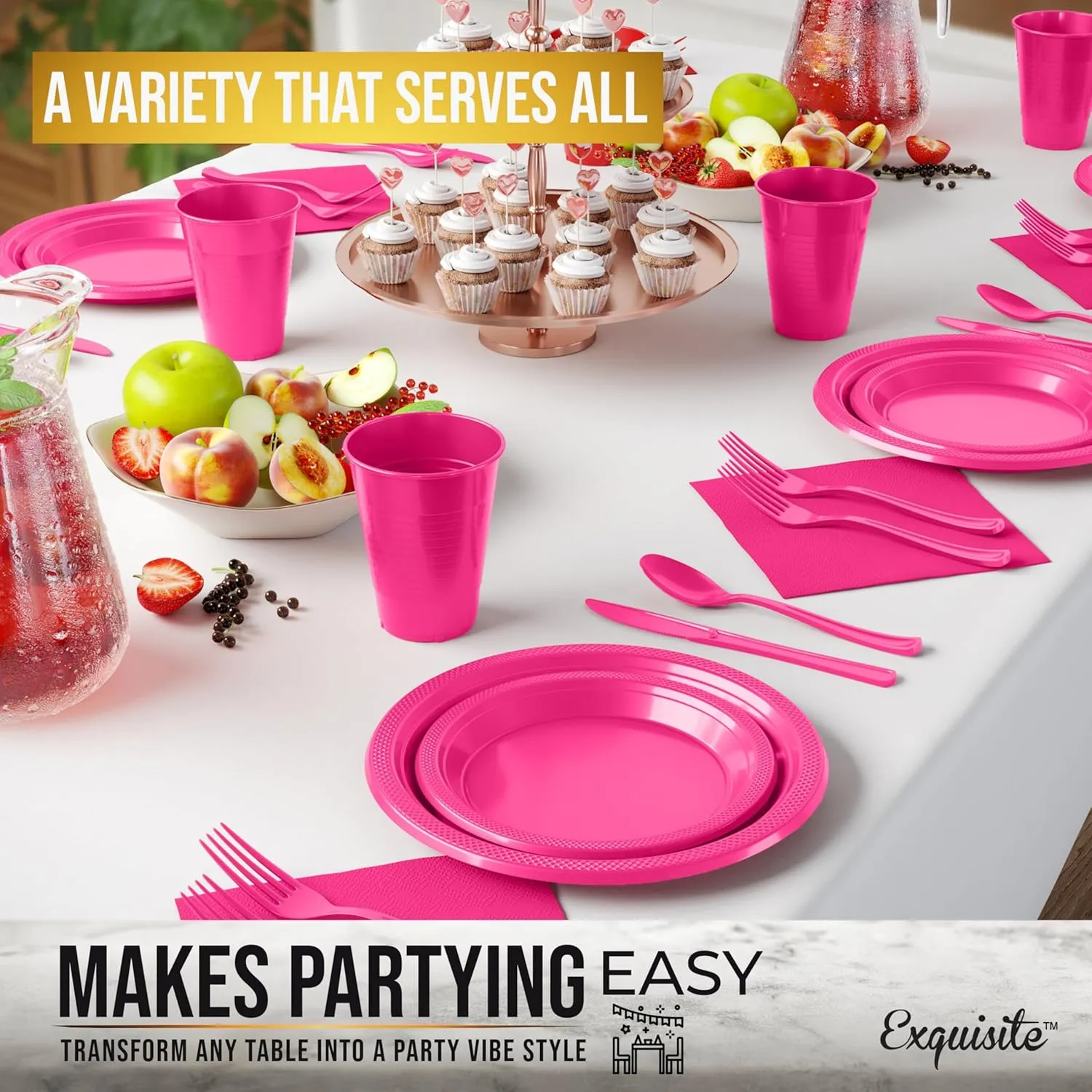 182 Pcs Hot Pink Plastic Plates For Party, Hot Pink Disposable Plates Set, 26 Of Each 9" Dinner Plate Set, 7" Dessert Plate, Cups, Napkins & Cutlery Plastic Dinnerware Exquisite