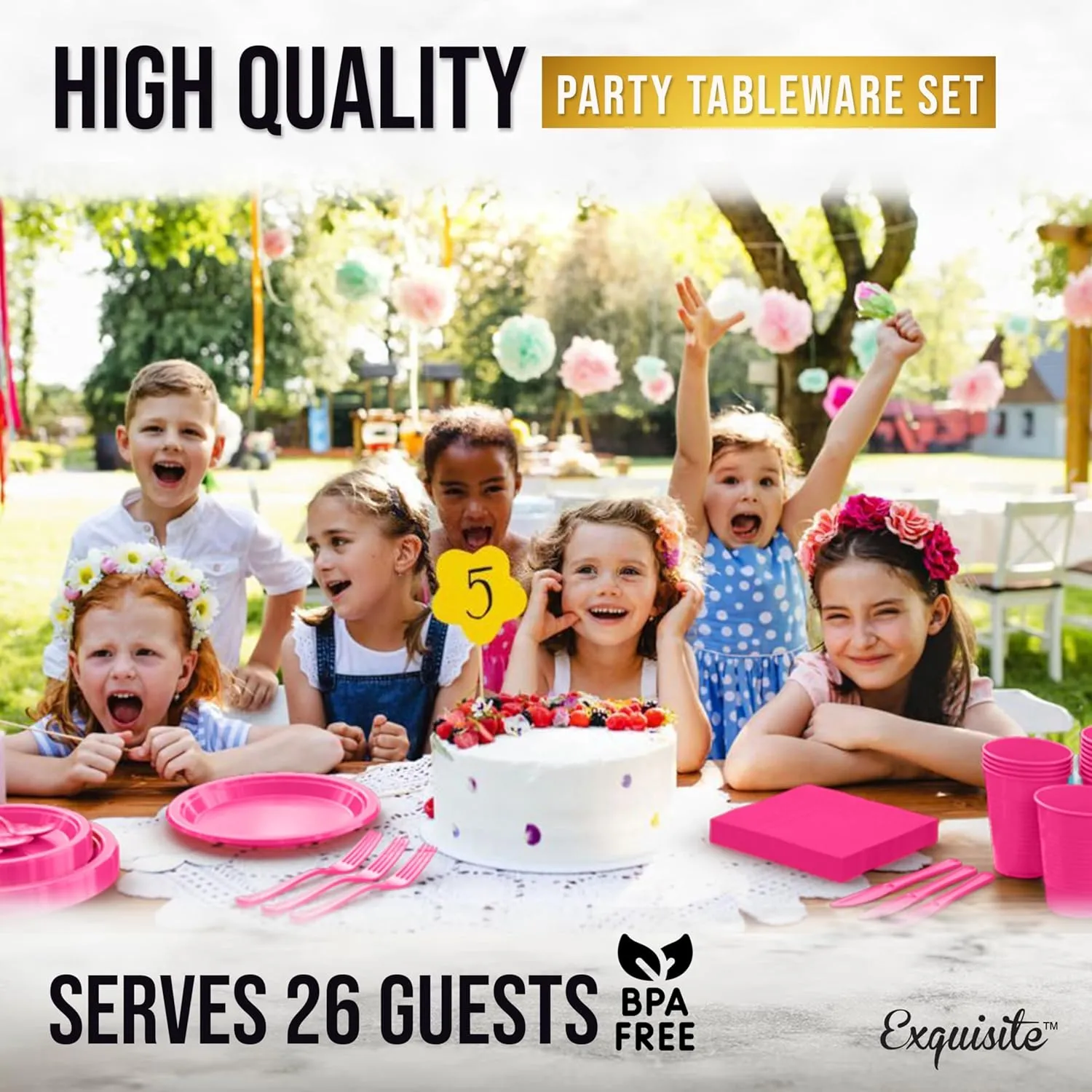 182 Pcs Hot Pink Plastic Plates For Party, Hot Pink Disposable Plates Set, 26 Of Each 9" Dinner Plate Set, 7" Dessert Plate, Cups, Napkins & Cutlery Plastic Dinnerware Exquisite