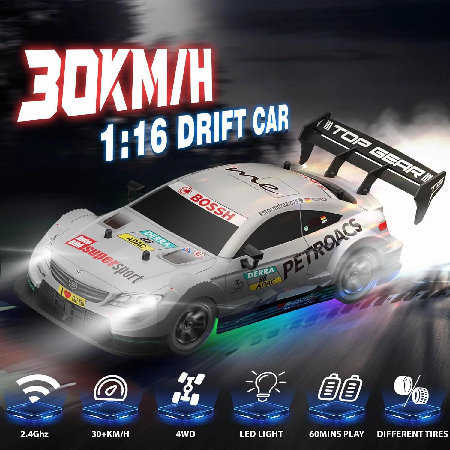 1/16 RC Drift Car, 2.4GHz 4WD Remote Control Drift Car, 30 KM/H High Speed Drift RC Cars with LED Lights 2 Batteries and Drift Tires Race Cars for Adults Boys Kids, Sliver