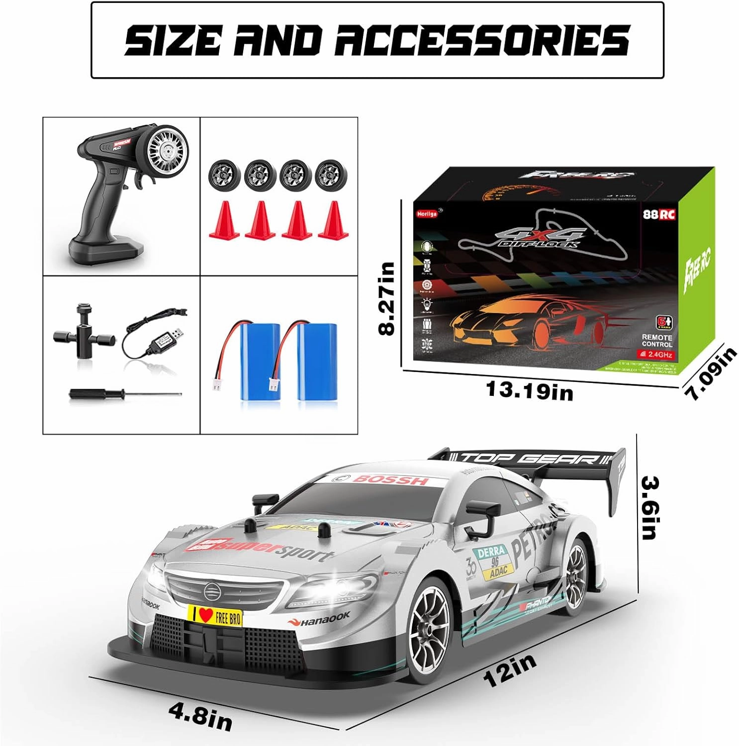 1/16 RC Drift Car, 2.4GHz 4WD Remote Control Drift Car, 30 KM/H High Speed Drift RC Cars with LED Lights 2 Batteries and Drift Tires Race Cars for Adults Boys Kids, Sliver