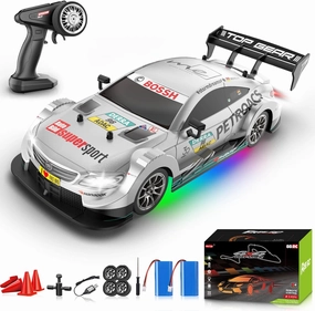 1/16 RC Drift Car, 2.4GHz 4WD Remote Control Drift Car, 30 KM/H High Speed Drift RC Cars with LED Lights 2 Batteries and Drift Tires Race Cars for Adults Boys Kids, Sliver