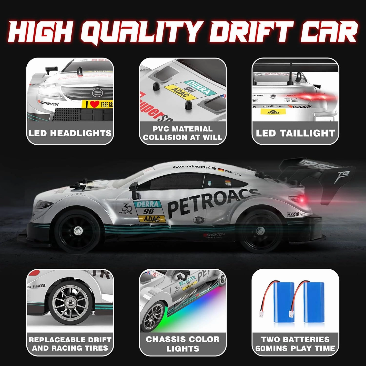 1/16 RC Drift Car, 2.4GHz 4WD Remote Control Drift Car, 30 KM/H High Speed Drift RC Cars with LED Lights 2 Batteries and Drift Tires Race Cars for Adults Boys Kids, Sliver