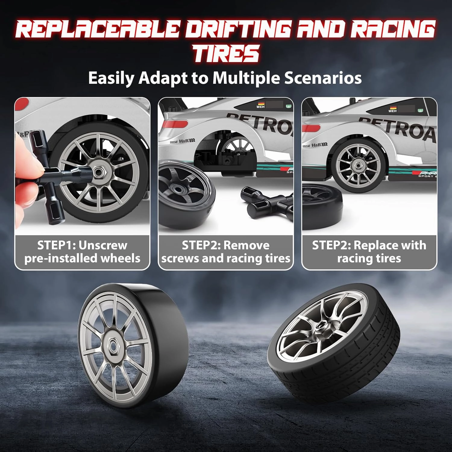 1/16 RC Drift Car, 2.4GHz 4WD Remote Control Drift Car, 30 KM/H High Speed Drift RC Cars with LED Lights 2 Batteries and Drift Tires Race Cars for Adults Boys Kids, Sliver