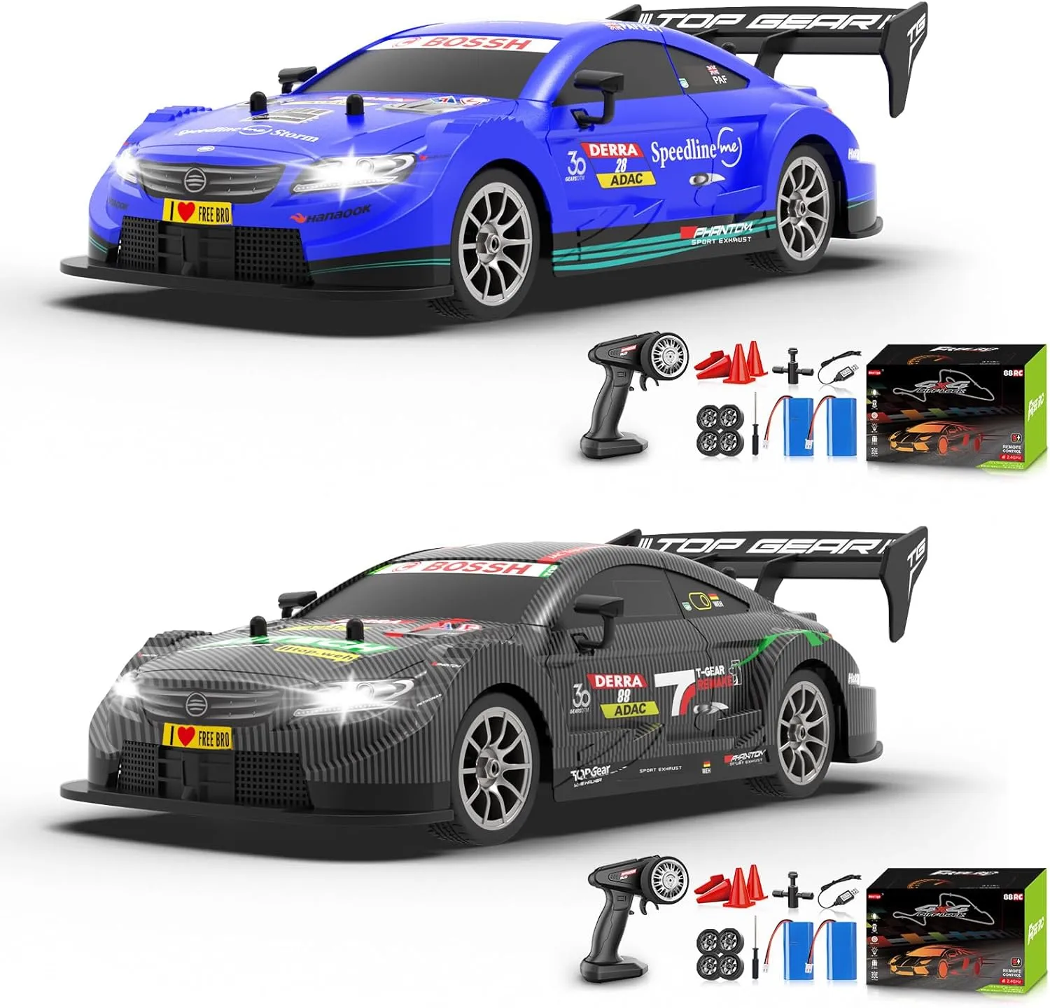 2 Pack 1/16 RC Drift Car, 2.4GHz 4WD Remote Control Drift Car, 30 KM/H High Speed Drift RC Cars with LED Lights 2 Batteries and Drift Tires Race Cars for Adults Boys Kids