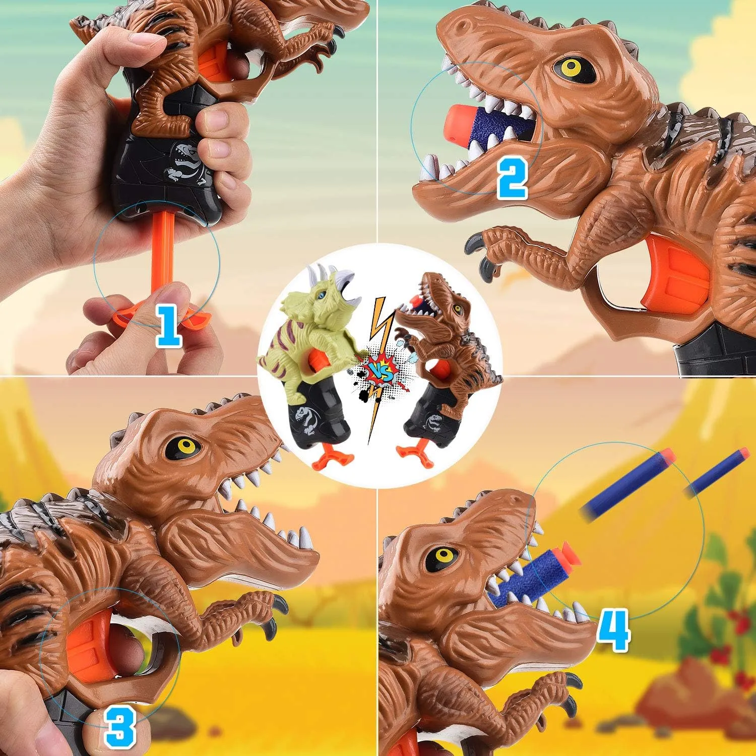 2 Pack Dinosaur Gun Toys for Toddlers Boys 3 4 5 6 7 Year Old Birthday Gifts Valentines Easter Christmas Stocking Stuffers, Small Dino Blaster Shooting Game with Soft Foam Darts Compatible with Nerf