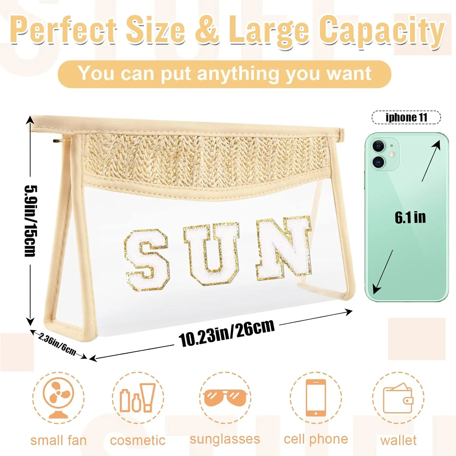 2 Pcs Boho Straw Clear Makeup Letter Bag BEACH Pouch, Sunscreen Bags for Beach Travel Small Cute Chenille Letter SPF Bag Pouch,Waterproof Beach Toiletry Sun Bag Best Beach Accessories for Women(SUN)