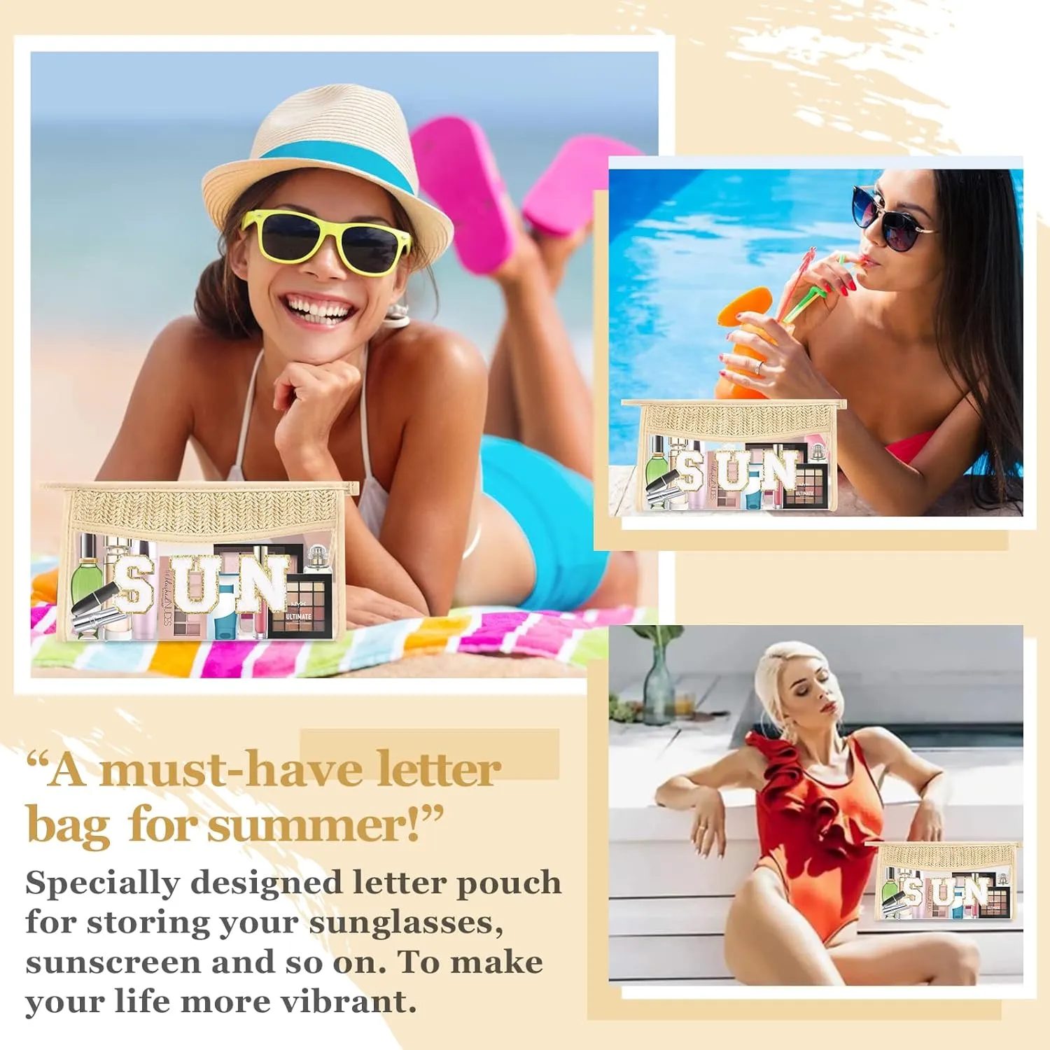 2 Pcs Boho Straw Clear Makeup Letter Bag BEACH Pouch, Sunscreen Bags for Beach Travel Small Cute Chenille Letter SPF Bag Pouch,Waterproof Beach Toiletry Sun Bag Best Beach Accessories for Women(SUN)
