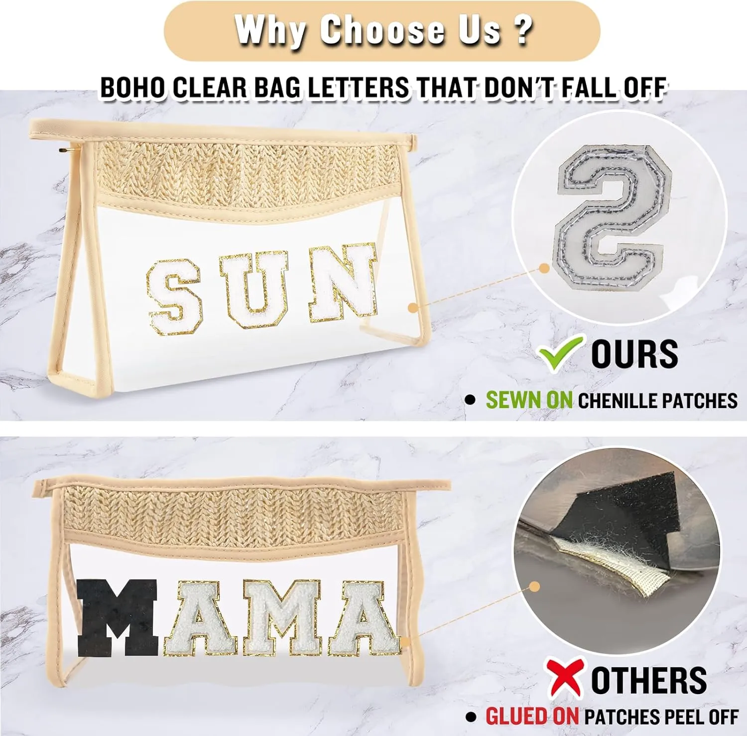 2 Pcs Boho Straw Clear Makeup Letter Bag BEACH Pouch, Sunscreen Bags for Beach Travel Small Cute Chenille Letter SPF Bag Pouch,Waterproof Beach Toiletry Sun Bag Best Beach Accessories for Women(SUN)