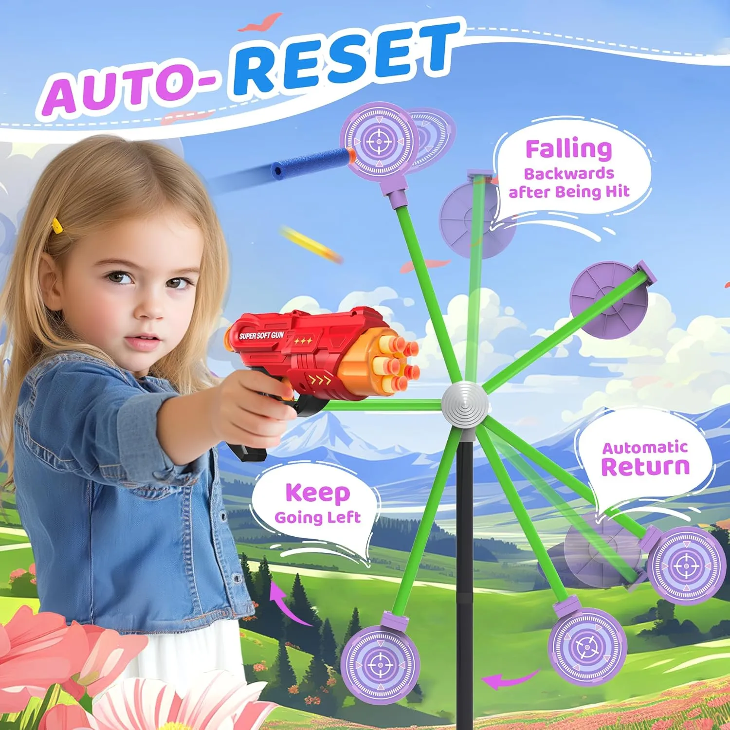 2-Player Shooting Game Toy, Foam Dart Toy Gun with Auto Reset Rotating Shooting Target, Ideal Gift for Kids Ages 6,7,8,9,10  Pink