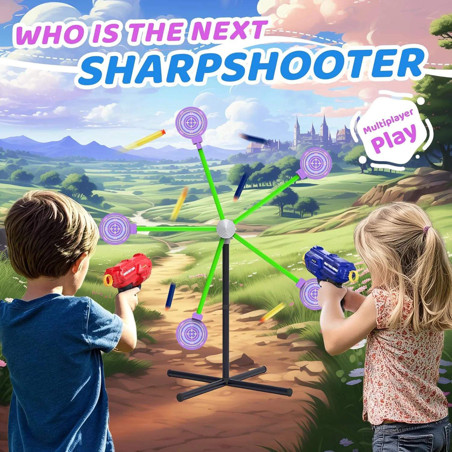 2-Player Shooting Game Toy, Foam Dart Toy Gun with Auto Reset Rotating Shooting Target, Ideal Gift for Kids Ages 6,7,8,9,10  Pink