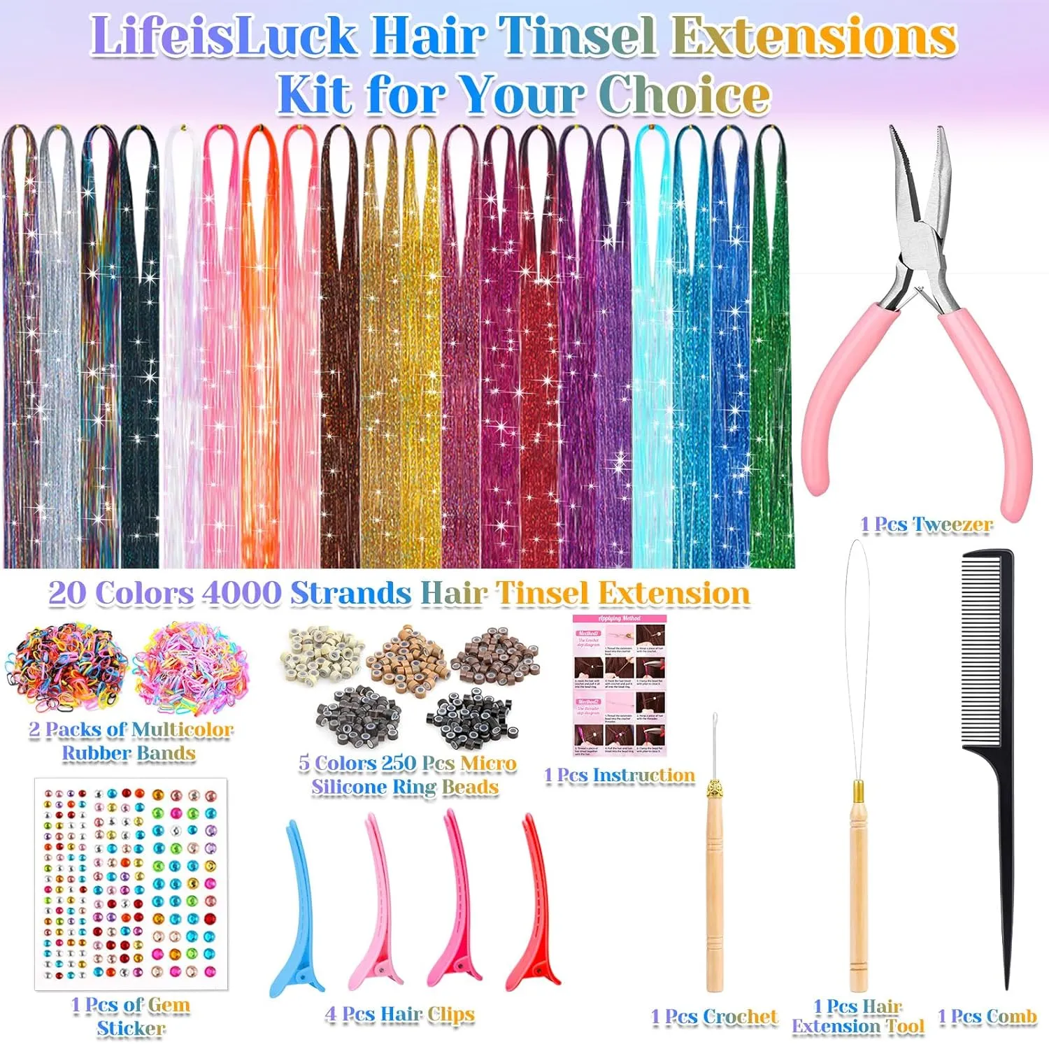 20 Colors Fairy Hair Tinsel Kit 4000 Hair Glitter Strands 48 Inch Heat Resistant Tinsel Hair Extensions Sparkling Shiny Highlights Hair Tinsel with Tools for Christmas Halloween New Year Cosplay Party