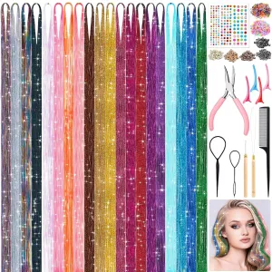 20 Colors Fairy Hair Tinsel Kit 4000 Hair Glitter Strands 48 Inch Heat Resistant Tinsel Hair Extensions Sparkling Shiny Highlights Hair Tinsel with Tools for Christmas Halloween New Year Cosplay Party