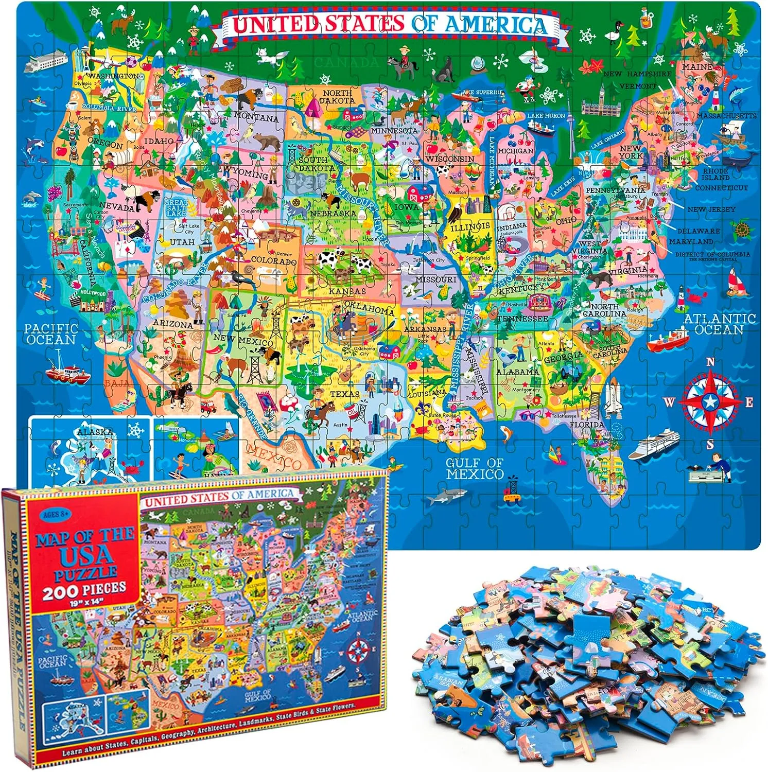 200 Pieces United States Map Jigsaw Puzzle for Kids Ages 4-8, USA Map Puzzle for Kids and Older Floor Puzzles Toddler Geography Educational Toys for Boys, Girls & Adults