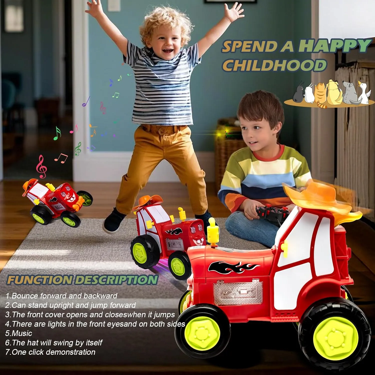 2025 Crazy Jumping Car Toys- Remote Control Truck with Light & Music, Dinosaur Toys for Kids, Scale RC Truck with 360° Spins and Drifting, Remote Control Car (Red)