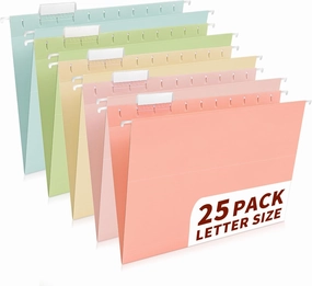 25-Pack Pastel Hanging File Folders, Letter Size (8.5"x11") with 35 Transparent Label Cards, 50 Sticker Labels,1/5-Cut Tabs–Home Office & Filing Cabinets