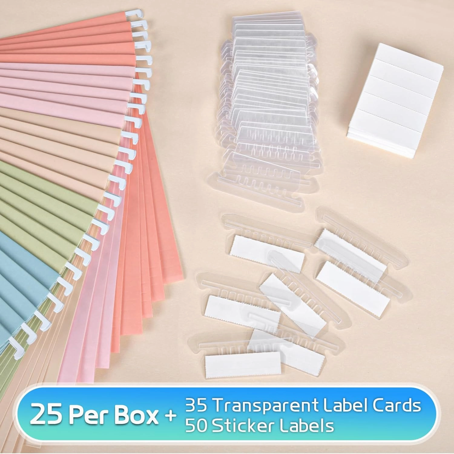 25-Pack Pastel Hanging File Folders, Letter Size (8.5"x11") with 35 Transparent Label Cards, 50 Sticker Labels,1/5-Cut Tabs–Home Office & Filing Cabinets