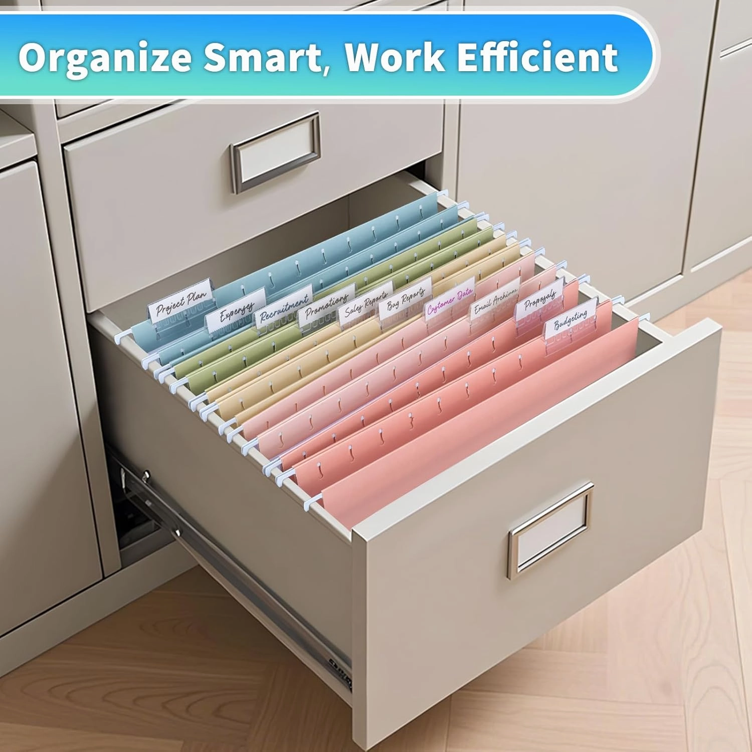 25-Pack Pastel Hanging File Folders, Letter Size (8.5"x11") with 35 Transparent Label Cards, 50 Sticker Labels,1/5-Cut Tabs–Home Office & Filing Cabinets