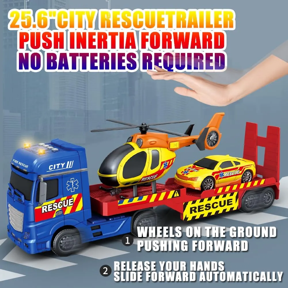 25" Rescue Tow Truck with Racing Car and Helicopter for Toddlers Lights & Sounds Birthday Gift for 3-6 Years Boys and Girls